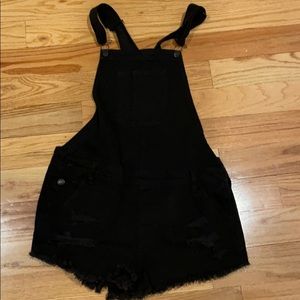 AE Distressed Black Denim Overall Shorts